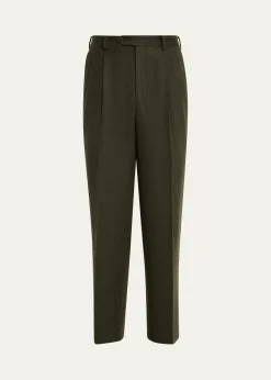 AURALEEMen's Dark Olive Pleated Wool Trousers