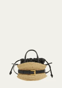 BalmainShuffle Mini Top-Handle Bag in Raffia and Calfskin