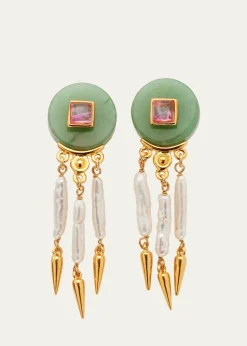 Ben-AmunMadre Pearl, Aventurine and Rose Crystal Clip Earrings