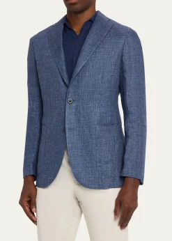 BoglioliMen's Plaid Linen Denim Single-Breasted Blazer