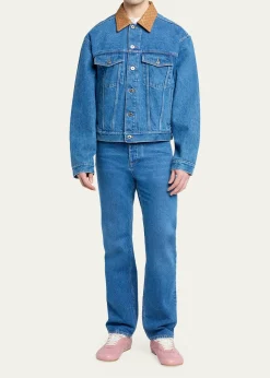 Bottega VenetaMen's Intrecciato-Leather Collar Denim Jacket