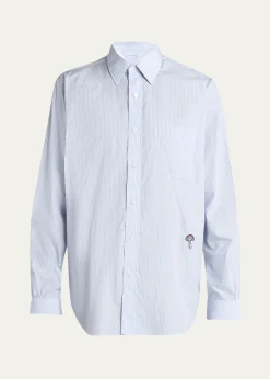 Bottega VenetaMen's Fine Stripe Poplin Shirt with Embroidered Mushroom Patch