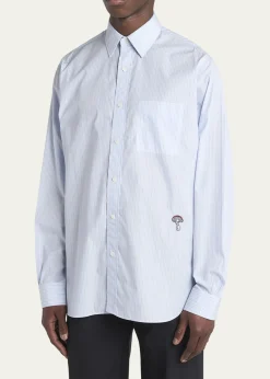 Bottega VenetaMen's Fine Stripe Poplin Shirt with Embroidered Mushroom Patch