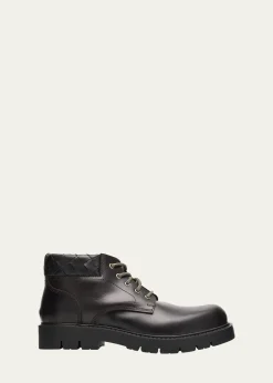 Bottega VenetaMen's Haddock Intrecciato-Collar Leather Lace-Up Boots