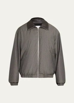 Bottega VenetaMen's Shadow Stripe Intrecciato Leather-Collar Jacket