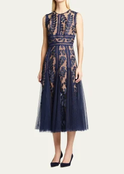Bronx and BancoSaba Leaf-Appliqué Lace Midi Dress