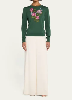 Carolina HerreraFloral Embroidered Silk-Cotton Crewneck Sweater