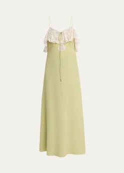 ChloeLace-Ruffle Silk Crepe De Chine Maxi Slip Dress
