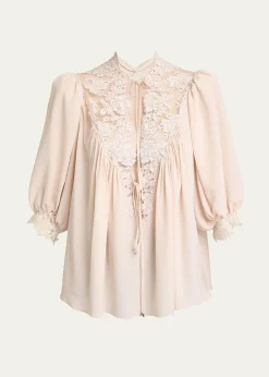 ChloeLace-Trim Puff-Sleeve Organic Silk Crepe De Chine Top