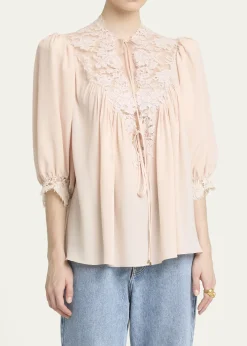 ChloeLace-Trim Puff-Sleeve Organic Silk Crepe De Chine Top