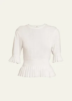 ChloeShort-Sleeve Pointelle Kit Ruffle Crewneck Sweater