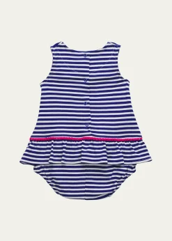 Florence EisemanGirl's Stripe Knit Romper with Pompoms & Flowers, Size 3M-24M