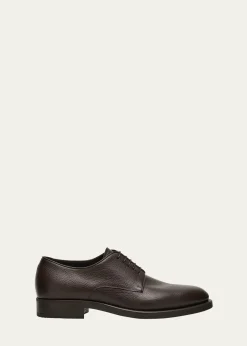 Giorgio ArmaniMens Grained Calf Leather Rubber-Sole Derby Shoes