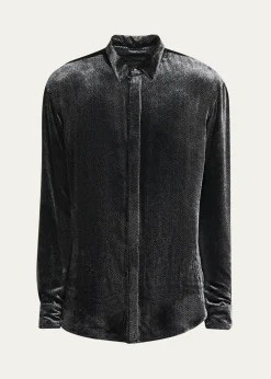 Giorgio ArmaniMen's Herringbone Velvet Concealed-Placket Tuxedo Shirt