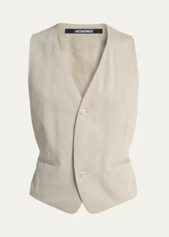 JacquemusMen's Herringbone Linen-Blend Vest