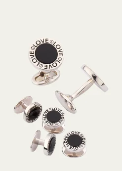 Jan LeslieMen's Black Onyx Love Sterling Silver Cufflink and Stud Set