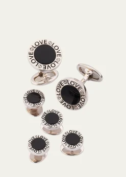Jan LeslieMen's Black Onyx Love Sterling Silver Cufflink and Stud Set