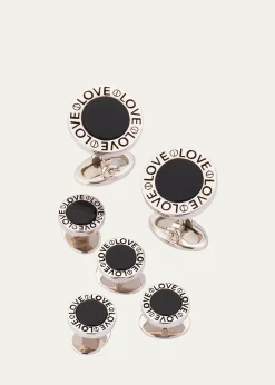 Jan LeslieMen's Black Onyx Love Sterling Silver Cufflink and Stud Set