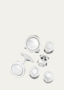 Jan LeslieMen's 925 Round Mother-of-Pearl Cufflink Stud Set