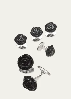 Jan LeslieOnyx Carved Rose Tuxedo Cuff Link and Stud Set