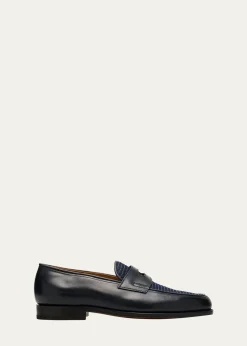John LobbMen's Lopez Denim and Leather Penny Loafers