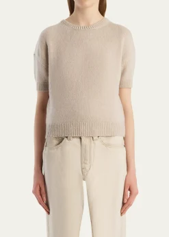 KhaiteShimmering Cashmere Short-Sleeve Crewneck Sweater