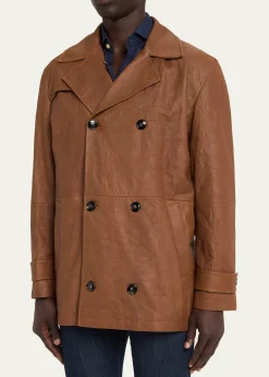 KitonMen's Leather Vintage-Effect Short Trench Coat