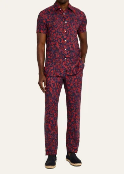 KitonMen's Linen Coral-Print Stretch Pants