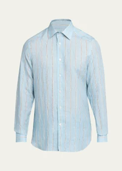 KitonMen's Linen Stripe Button-Down Shirt with Mother-Of-Pearl