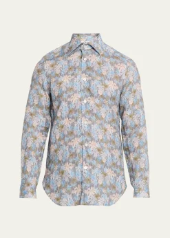 KitonMen's Palm-Print Linen Button-Down Shirt with Mother-Of-Pearl