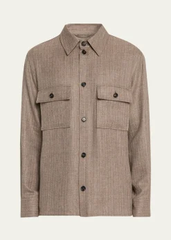 Loro PianaMen's Jim Wool and Linen Herringbone Overshirt