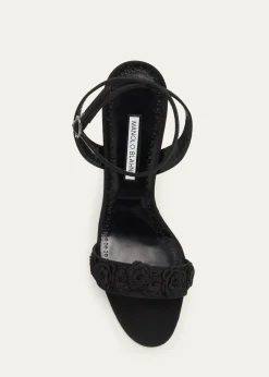 Manolo Blahnik105mm Raosnu Crochet Flower Ankle-Strap Sandals