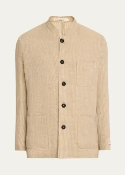 Massimo AlbaMen's Linen and Cotton Band-Collar Stripe Jacket