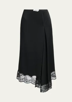 McQueenAsymmetric Lace-Trim Satin Midi Skirt