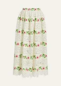 Oscar de la RentaChine Hibiscus Striped Lace-Inset Midi Skirt