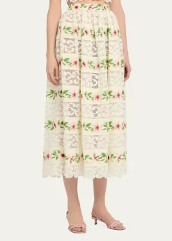 Oscar de la RentaChine Hibiscus Striped Lace-Inset Midi Skirt