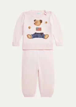 Polo Ralph LaurenGirl's Flag Bear Intarsia Knit Sweater and Pants Set, Size 3M-24M
