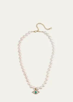 Sydney Evan14K Large Turquoise Evil Eye Charm on Freshwater Pearl Necklace