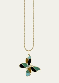 Sydney EvanMosaic Gemstone Butterfly Pendant with Diamonds on Cable Chain Necklace
