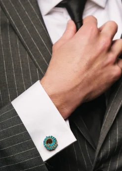 TateossianMen's Limited Edition Ammonite Cufflinks in Rhodium Silver with Turquoise