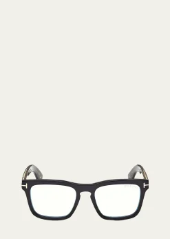 TOM FORDMen's Icon Square Acetate Blue Block Optical Glasses with Clip-On Sunglasses
