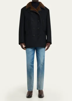 TOM FORDMen's Melton Wool Shearling Double-Breasted Peacoat