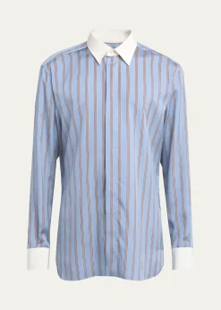TOM FORDMen's Stripe Silk Contrast-Trim Sport Shirt