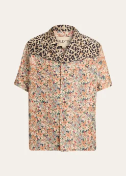 Valentino GaravaniMen's Leopard Floral Silk Camp Shirt