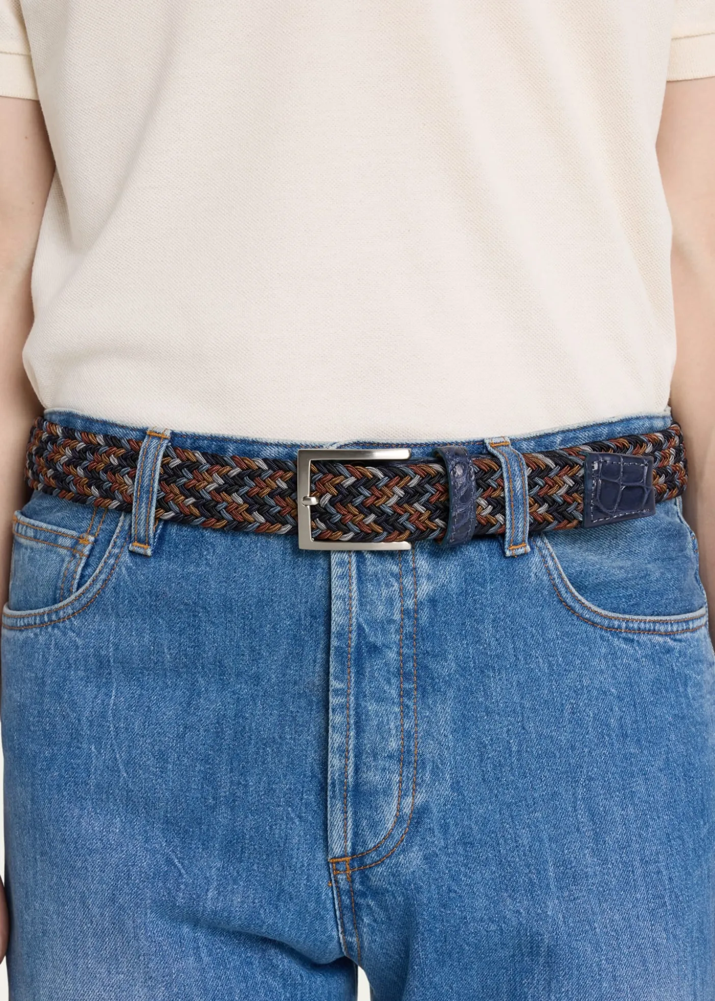 W. KleinbergMen's Stretch Woven Belt with Alligator Trim