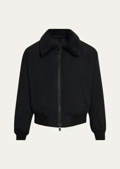 Yohji YamamotoMen's Wool Gabardine Flight Jacket with Removable Faux Fur Collar
