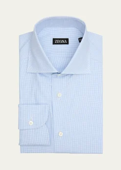 ZEGNAMen's Cotton Micro-Check Spread Collar Dress Shirt