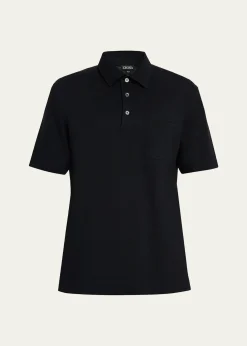 ZEGNAMen's Cotton Polo Shirt with Leather-Trim Pocket