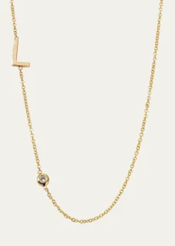 Zoe Lev Jewelry14K Gold Asymmetrical Initial and Bezel Diamond Necklace, 16-18